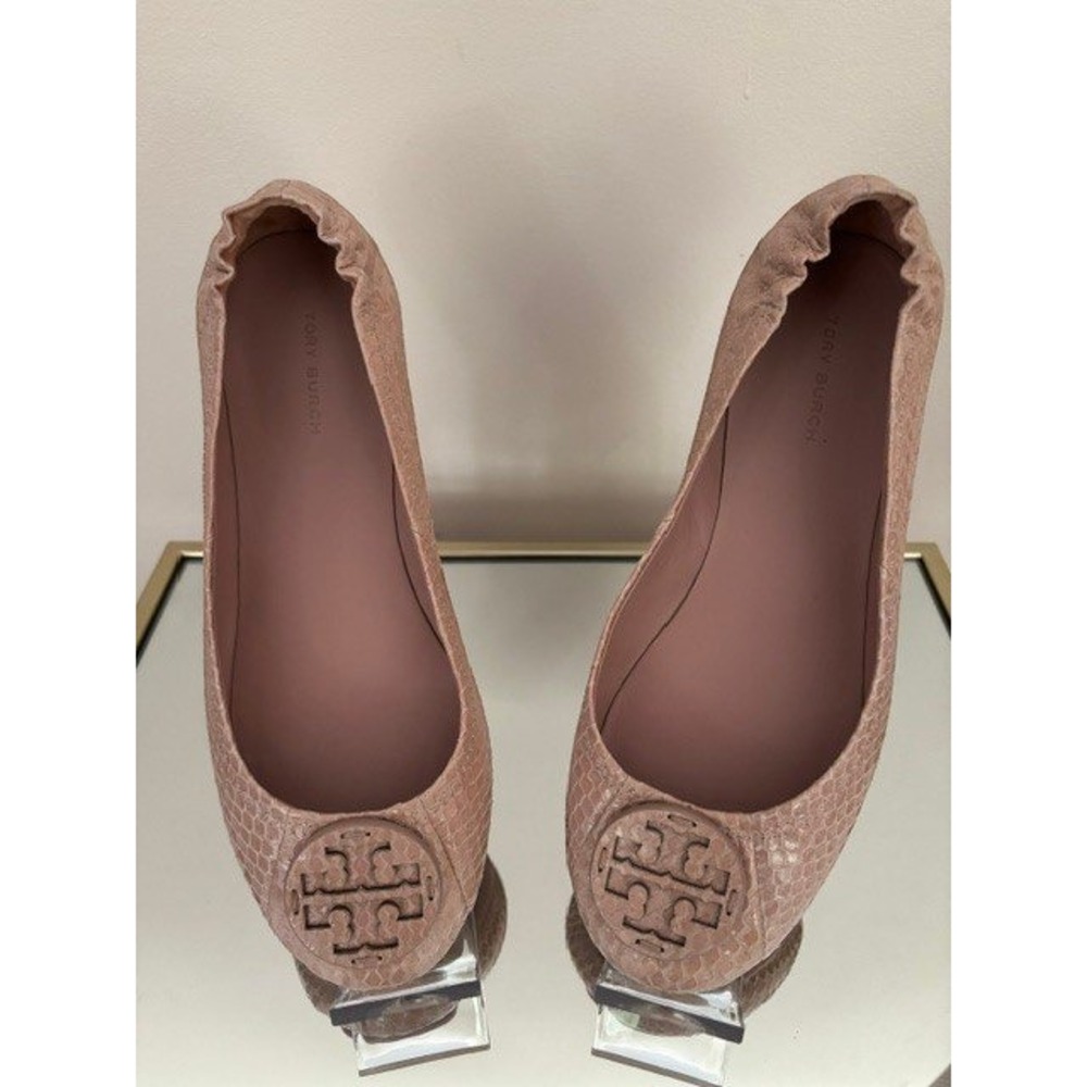 Tory Burch Minnie Travel Ballet Flats Pink Snakeskin Embossed Leather Logo 6.5